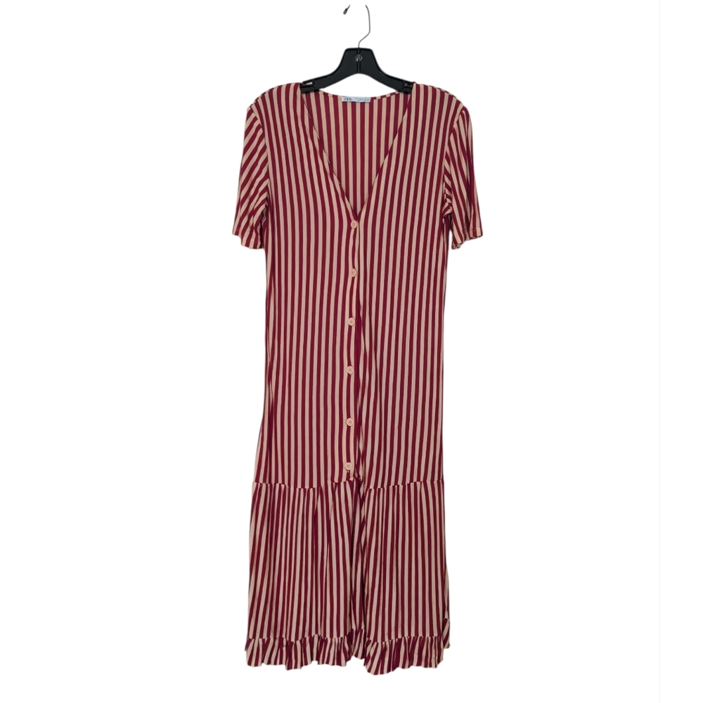 🌸 Zara Burgundy Red and Cream Striped Button-Front Midi Dress